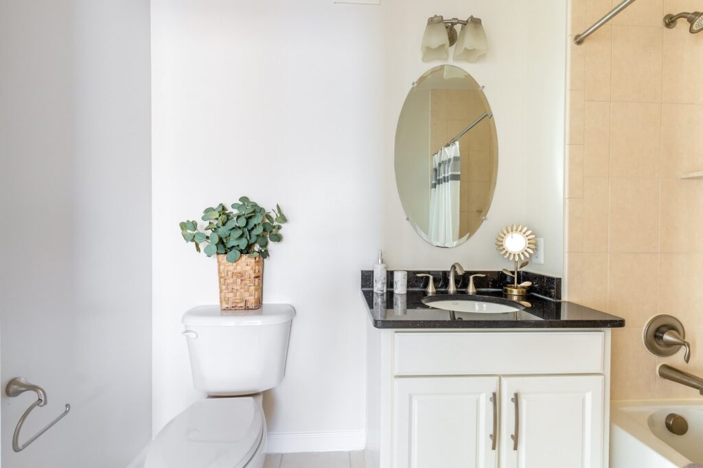 Bright bathroom with a white toilet, a plant in a wicker pot, white cabinets, a black countertop, round mirror, and a tan shower-tub combo. Towel holder is mounted on the wall to the left.