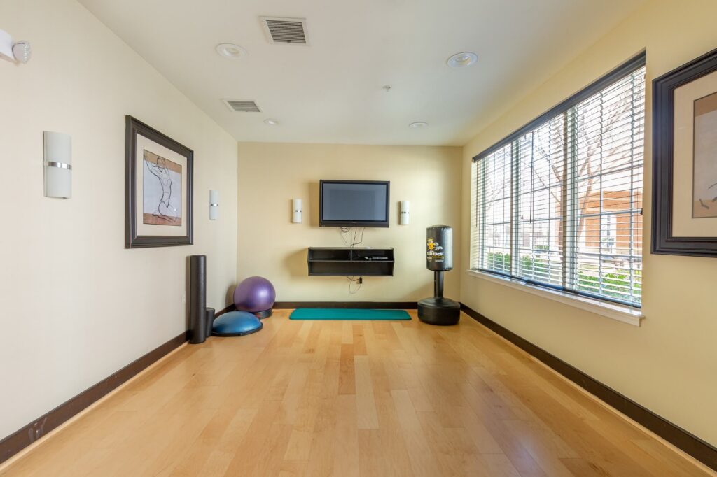 A small exercise room with light wood floors, wall-mounted TV, exercise mat, stability balls, foam rollers, water dispenser, and large windows with blinds letting in natural light.