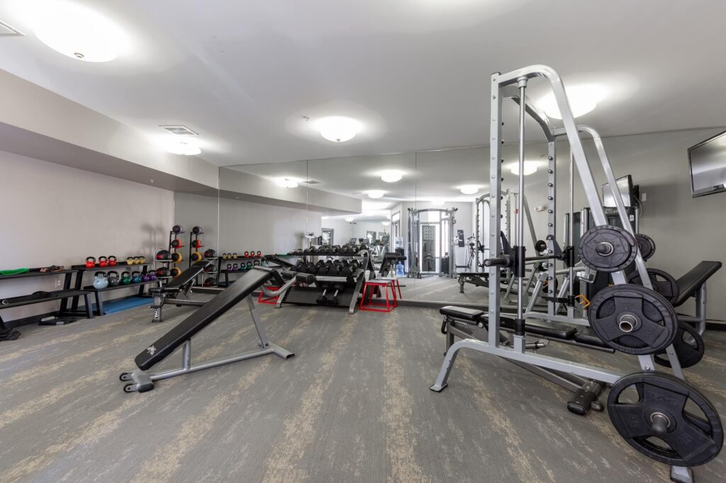 Modern gym with free weights, benches, and strength training machines in a bright, spacious room with large mirrors along one wall.