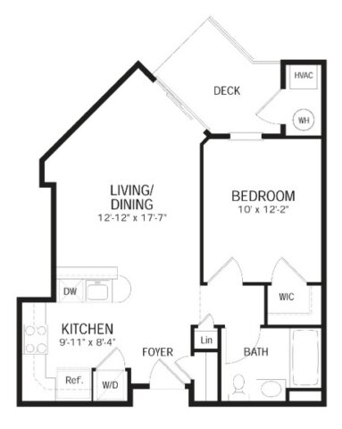 Black and white floor plan showing a one-bedroom apartment with kitchen, living/dining area, deck, bathroom, walk-in closet, and laundry; labeled rooms and appliances; doors and windows indicated.