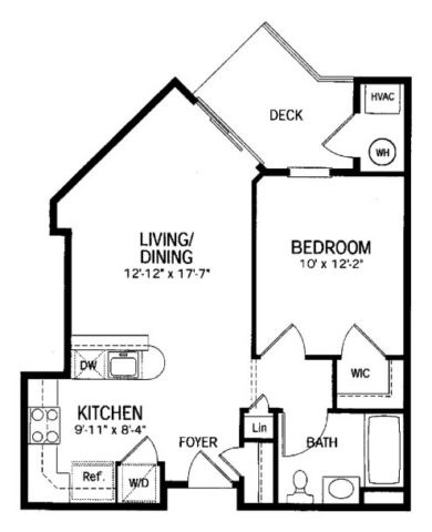 Black and white floor plan of a one-bedroom apartment with kitchen, living/dining area, bath, walk-in closet, linen closet, washer/dryer, HVAC, water heater, and a deck.