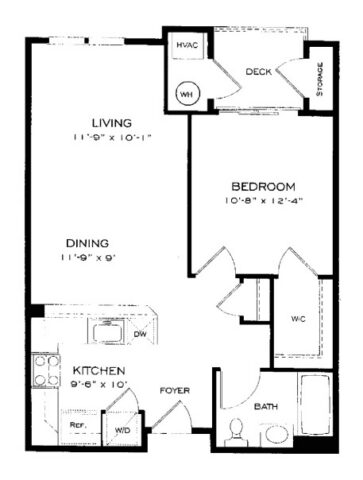 Black and white floor plan of a one-bedroom apartment featuring a kitchen, dining, living area, bedroom, bathroom, deck, and storage. Dimensions and labels are included for each room.
