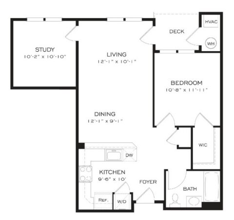 One-bedroom apartment floor plan with study, living, dining, kitchen, bath, walk-in closet, deck, HVAC, washer/dryer, and various labeled dimensions.