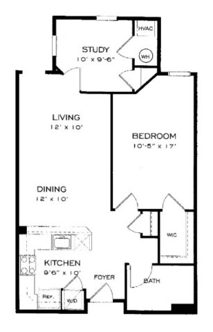Black and white floor plan showing a kitchen, dining, living area, study, bedroom with walk-in closet, bath, foyer, laundry, and HVAC/WH closet. Each room is labeled with dimensions.