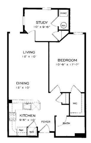 Black and white floor plan showing a kitchen, dining, living, study, bedroom, bathroom, walk-in closet, HVAC/WH, and washer/dryer, with labeled room dimensions and a clear layout of walls and doors.