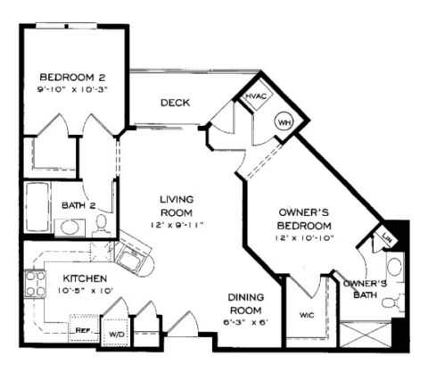 Floor plan of a two-bedroom, two-bath apartment with a kitchen, dining room, living room, deck, and labeled storage areas including washer/dryer, walk-in closet, HVAC, and water heater.