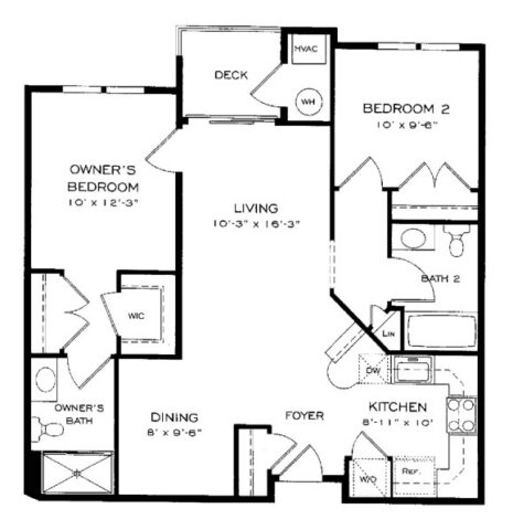 Black and white floor plan showing two bedrooms, two bathrooms, a kitchen, dining area, living room, foyer, deck, and closets. The owners bedroom includes a walk-in closet and private bath.