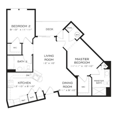 Black and white floor plan with two bedrooms, two bathrooms, kitchen, living room, dining room, deck, and closets. Master bedroom includes a walk-in closet and master bath. Kitchen has appliances and washer/dryer area.