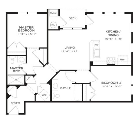 Black and white floor plan showing two bedrooms, two bathrooms, a kitchen/dining area, living room, foyer, deck, laundry area, and labeled appliances and fixtures. Room dimensions are included.