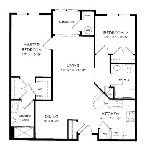 Black and white floor plan with two bedrooms, two bathrooms, a kitchen, dining area, living room, sunroom, and labeled closets, HVAC, and water heater. Bedrooms and bathrooms are on opposite sides of the living space.