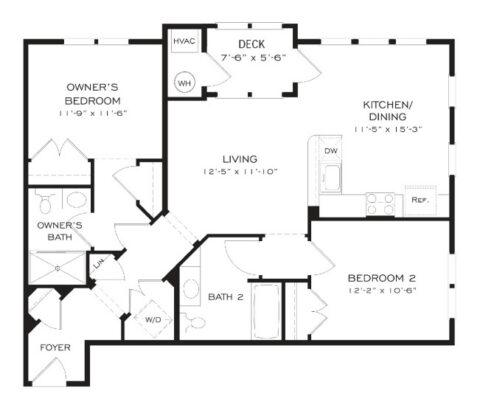 Black and white floor plan showing two bedrooms, two bathrooms, a kitchen/dining area, living room, deck, and utility spaces like W/D, HVAC, and WH. Each room is labeled with dimensions.