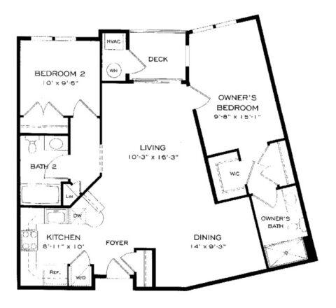 Black and white floor plan of a two-bedroom apartment, showing rooms labeled kitchen, living, dining, deck, two baths, foyer, laundry, and closets. The owners bedroom has an en suite bath and walk-in closet.