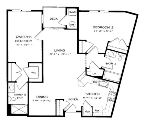 Black and white floor plan showing two bedrooms, two bathrooms, a kitchen, dining area, living room, deck, HVAC, water heater, and closet spaces, with labeled room dimensions.