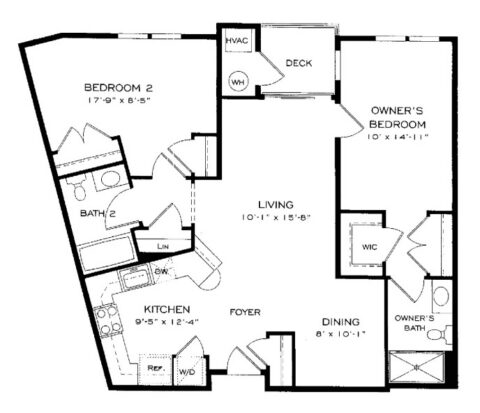 Black and white floor plan with two bedrooms, two bathrooms, kitchen, dining area, living room, deck, foyer, and closets. Owners suite includes a walk-in closet and private bath.