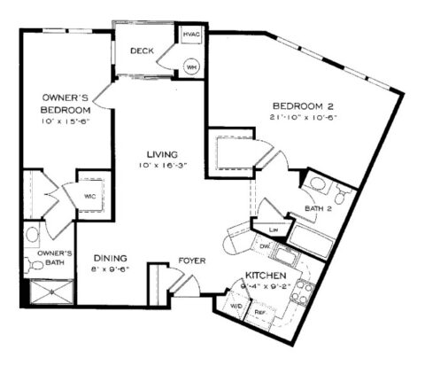 Black and white floor plan of a two-bedroom, two-bath apartment with labeled rooms: owners bedroom, living, dining, kitchen, deck, foyer, washer/dryer, closets, and two bathrooms.