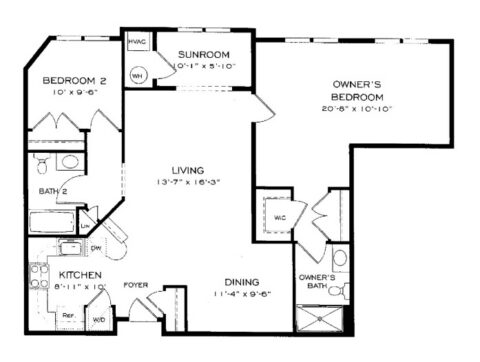 Black and white floor plan showing two bedrooms, two baths, kitchen, dining area, living room, sunroom, foyer, and two walk-in closets. Owners bedroom and bath are larger, with a separate closet and sunroom nearby.