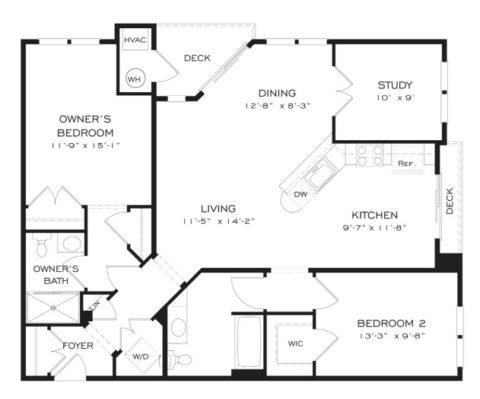 Black and white floor plan of a two-bedroom apartment, showing rooms labeled owners bedroom, bath, kitchen, living, dining, study, deck, foyer, W/D, WIC, and various spaces with room dimensions.
