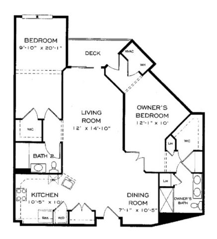 Black and white floor plan with two bedrooms, two bathrooms, a kitchen, dining room, living room, deck, and closets. The owners bedroom has an ensuite bath and walk-in closet. The living room connects to the deck.