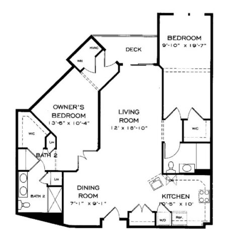 Black and white floor plan of a two-bedroom apartment with living room, dining room, kitchen, two bathrooms, deck, closets, and labeled rooms, measurements, and appliances.