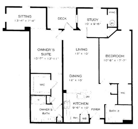 Black and white floor plan showing two bedrooms, two baths, kitchen, dining, living, study, sitting area, deck, closets, and laundry space. Each room is labeled with dimensions.
