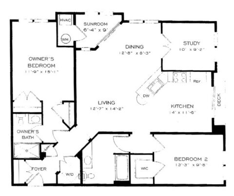 Black and white floor plan of a two-bedroom, two-bath apartment with living, dining, kitchen, study, sunroom, foyer, and deck. Labels indicate room names and dimensions.