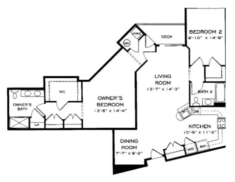 Black and white floor plan showing two bedrooms, two bathrooms, a kitchen, dining room, living room, deck, and laundry area. Owners suite includes a walk-in closet and a large bath.