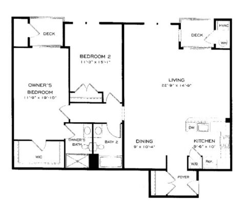 Apartment floor plan with two bedrooms, two bathrooms, a kitchen, dining and living areas, two decks, washer/dryer, walk-in closet, and foyer. Key rooms and features are clearly labeled throughout.