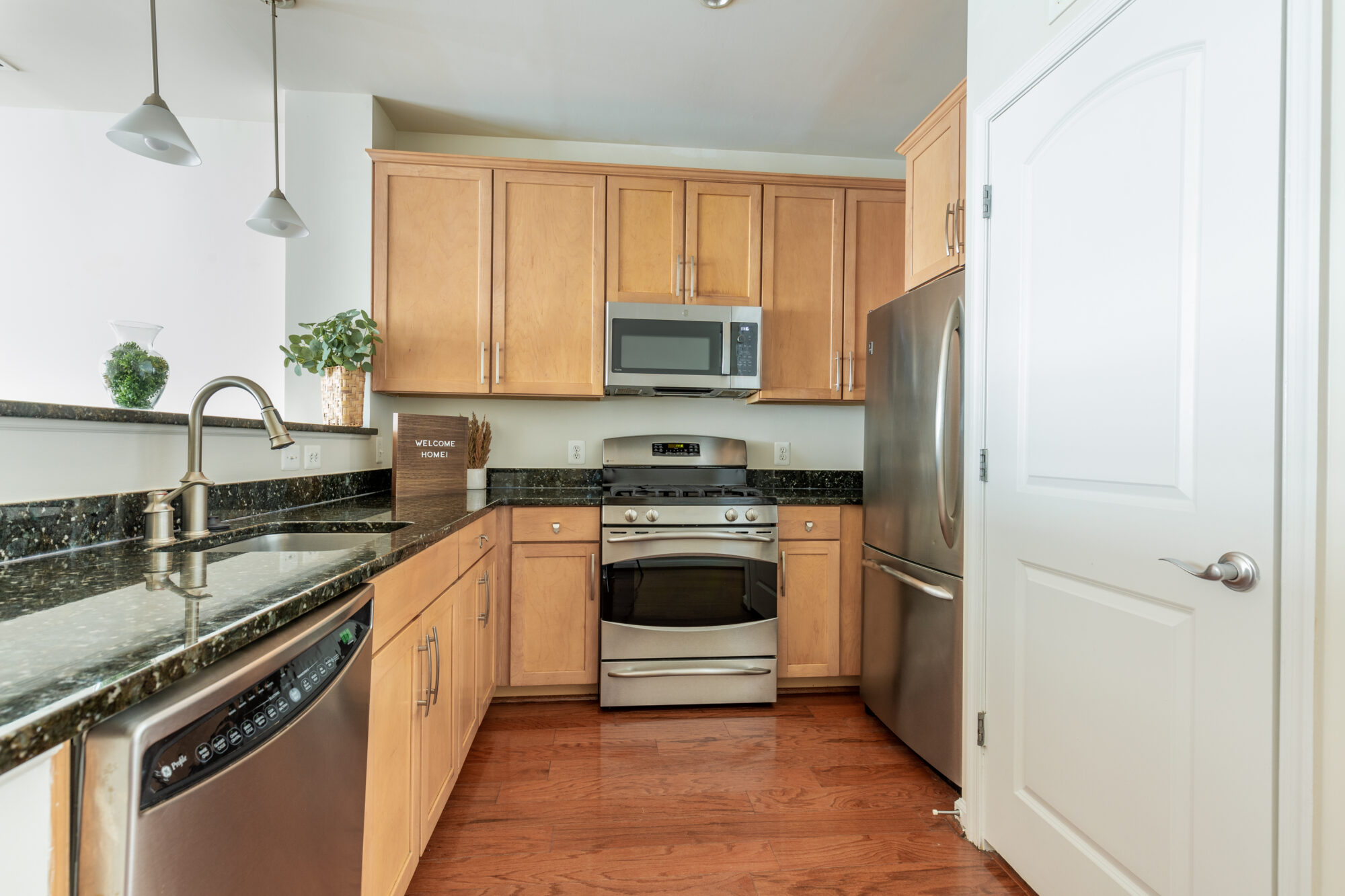 Modern kitchen with light wood cabinets, stainless steel appliances including a dishwasher, oven, microwave, and refrigerator, granite countertops, a sink, and a potted plant on the counter.