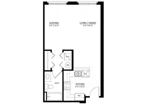 Studio apartment floor plan with sleeping area, combined living/dining space, bathroom, washer/dryer closet, and kitchen with sink, stove, fridge, and counter space. Two large windows are at the top of the layout.